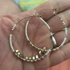 Gold and White Beaded Hoop Earrings